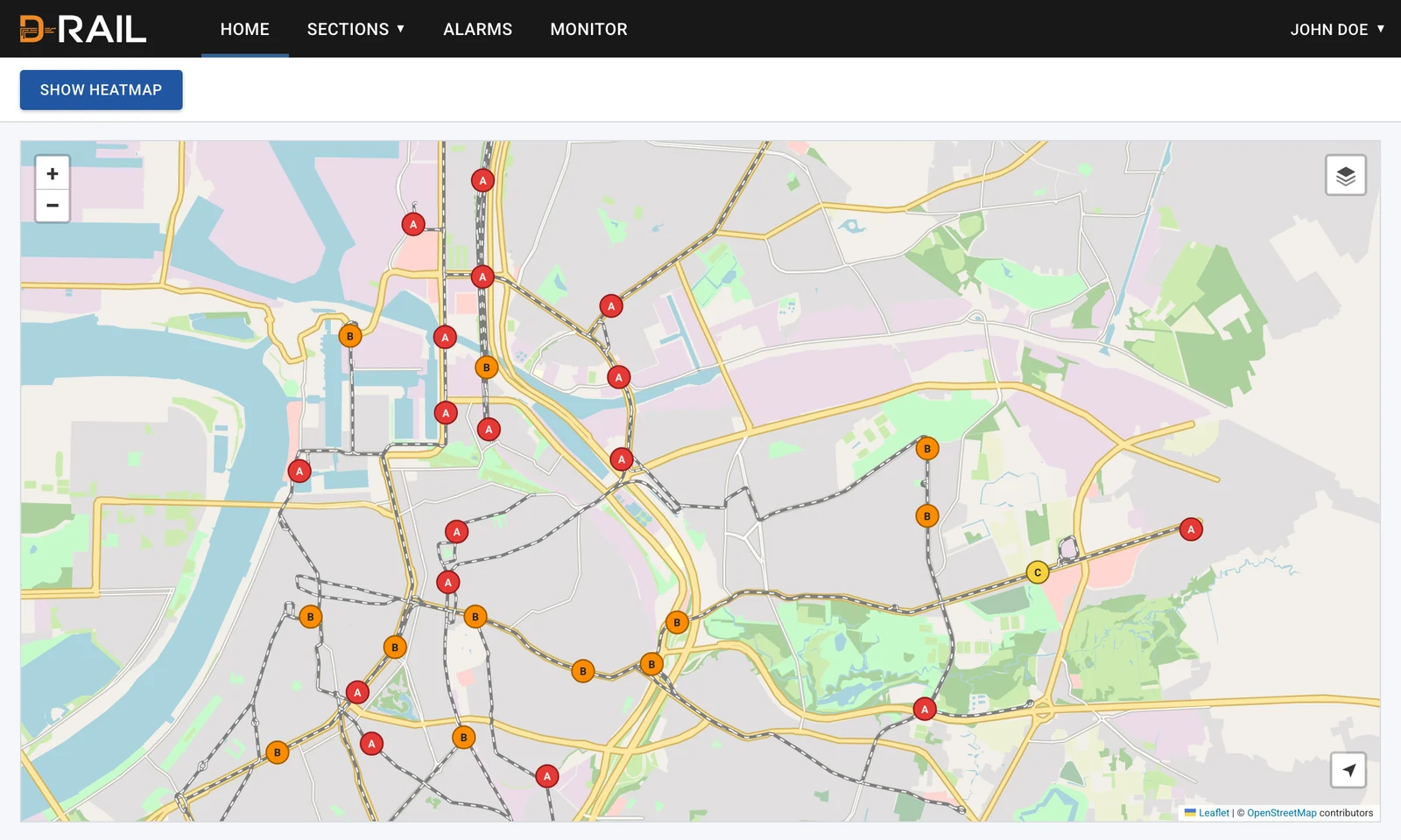 Network map with all active alarms marked as points.