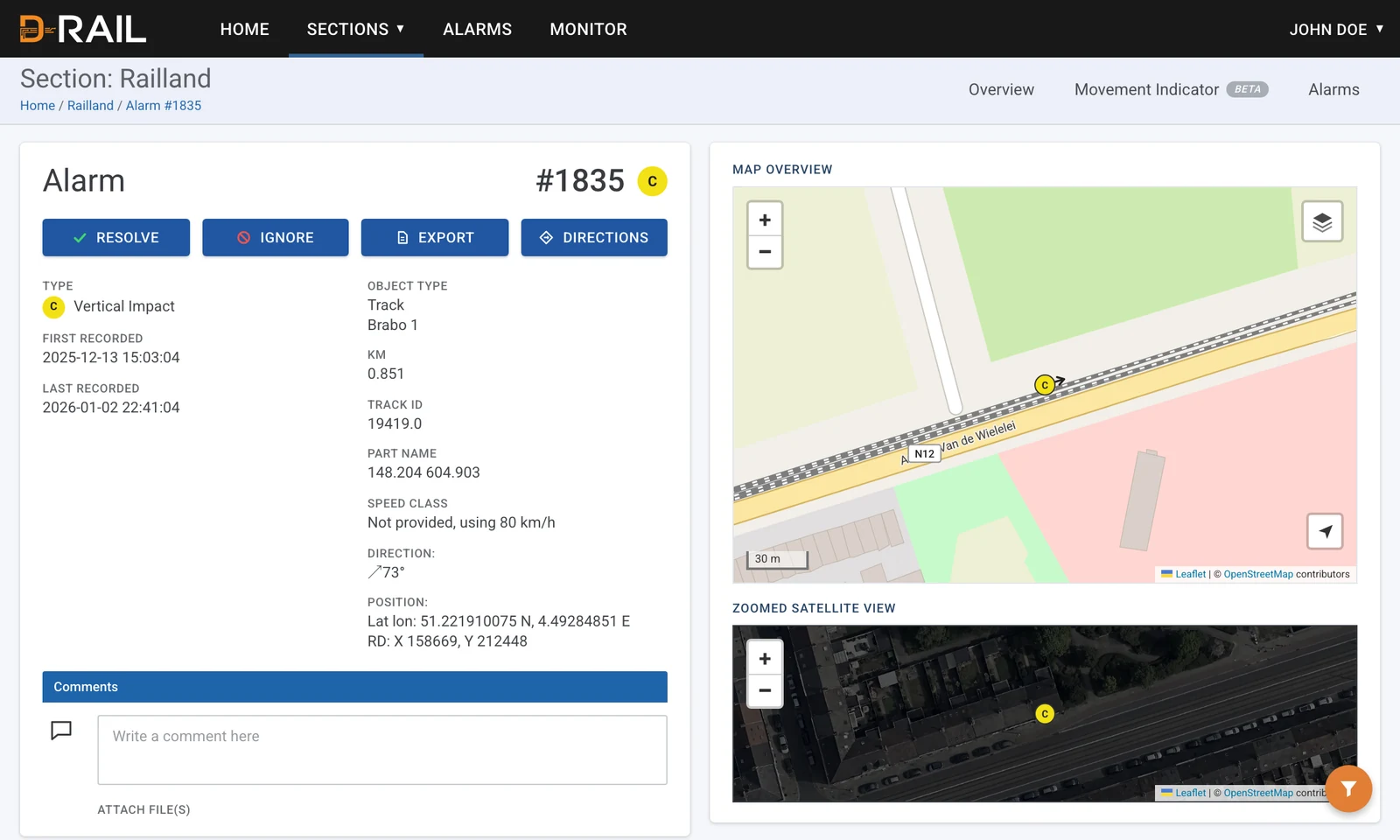 Alarm detail in the portal: type, first and latest detection, position and comments.
